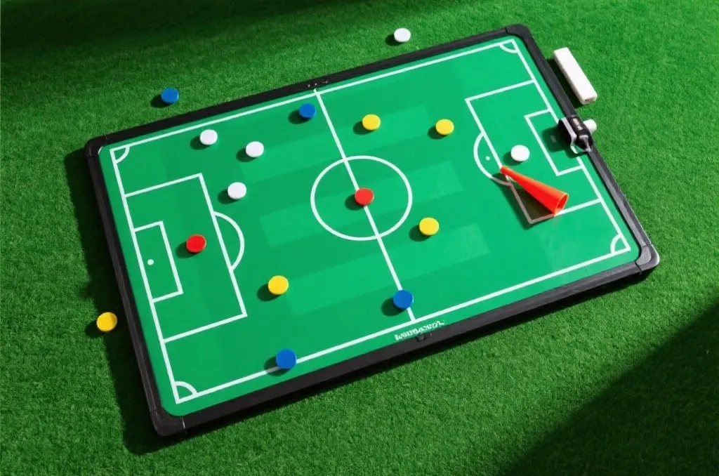 Generic green soccer field tactical board with abstract play diagrams